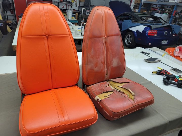 A picture of a car seat being renovated